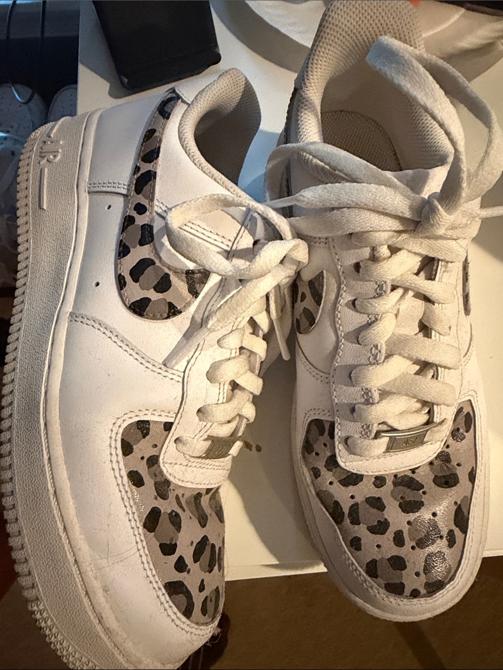Nike Women’s White Sneakers with Black and Gray Leopard Print